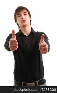 Young man with ok sign. Isolated over white.