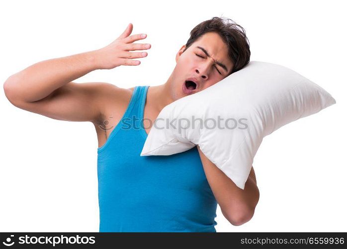 Young man with pillow isolated on white background