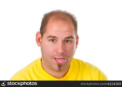 Young man with put out a tongue isolated on white background
