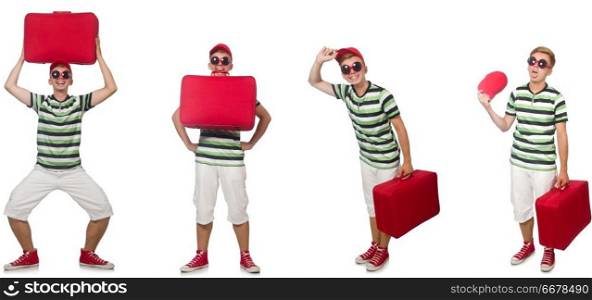 Young man with red suitcase isolated on white 