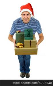 young man with santa hat holding a few gifts, isolated