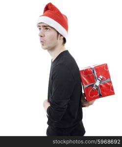 young man with santa hat holding a gift, isolated