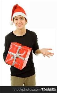 young man with santa hat holding a gift, isolated
