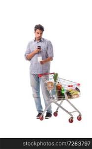 Young man with supermarket cart trolley on white. The young man with supermarket cart trolley on white