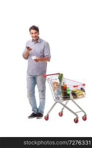 Young man with supermarket cart trolley on white