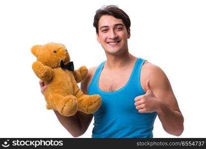 Young man with toy animal isolated on white background