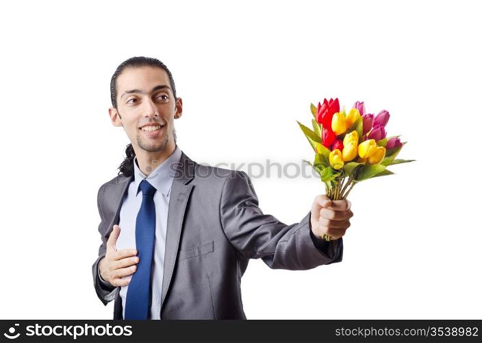 Young man with tulip flowers