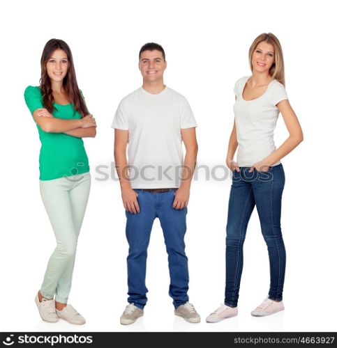 Young man with two beautiful girls isolated on a white background