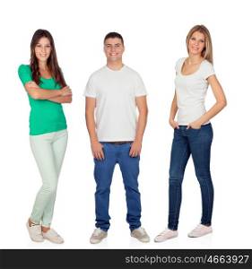 Young man with two beautiful girls isolated on a white background
