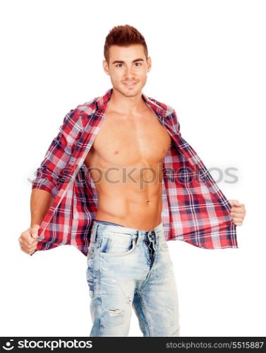 Young man with unbuttoned plaid shirt isolated on white background