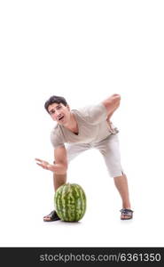 Young man with watermelon isolated on white