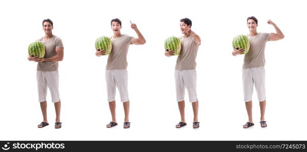 Young man with watermelon isolated on white