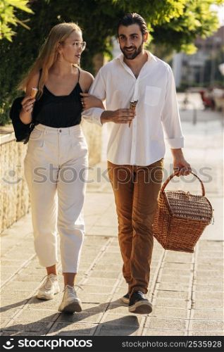 young man woman going park have picnic