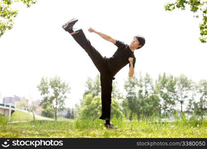 Young Martial artist with his high side kick against blur background