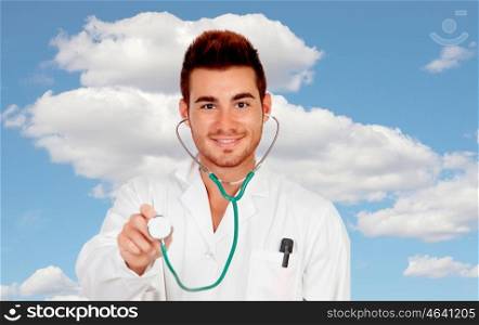 Young medical doctor with a stethoscope isolated on a white background