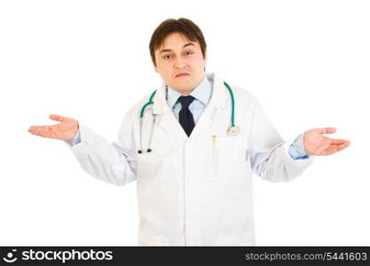 Young medical doctor with confusion expression on his face isolated on white&#xA;