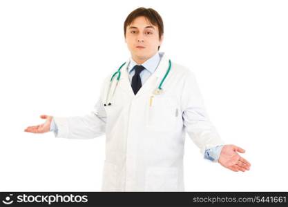 Young medical doctor with confusion expression on his face isolated on white&#xA;