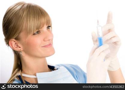 Young medical nurse doctor female hold injection isolated
