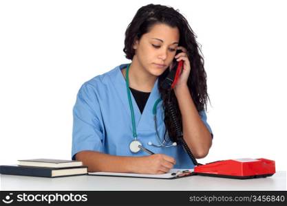 Young medical student with a phone isolated on white background