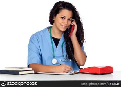 Young medical student with a phone isolated on white background