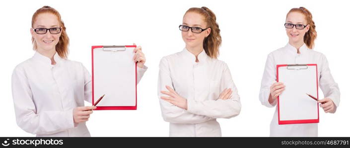 Young medical student with binder isolated on white