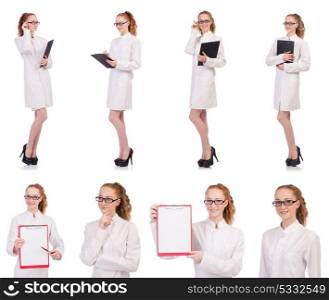 Young medical student with binder talking on a cell isolated on white. Young medical student with binder talking on a cell isolated o