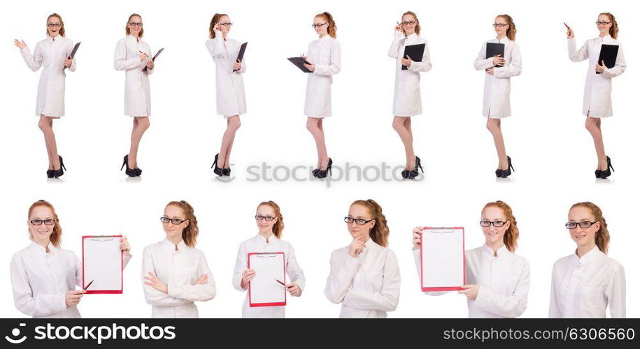 Young medical student with binder talking on a cell isolated on white. Young medical student with binder talking on a cell isolated o