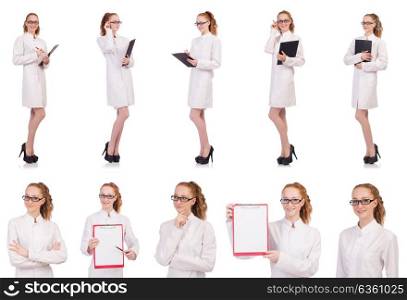 Young medical student with binder talking on a cell isolated on white. Young medical student with binder talking on a cell isolated o