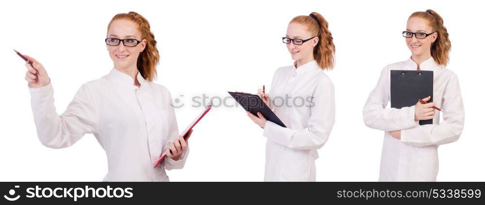 Young medical student writing on the binder isolated on white. Young medical student writing on the binder isolated on whit