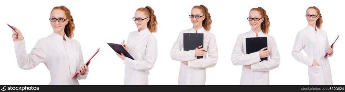 Young medical student writing on the binder isolated on white. Young medical student writing on the binder isolated on whit