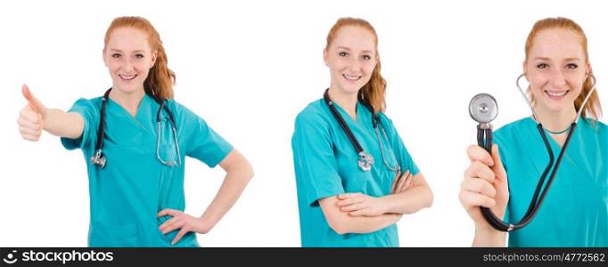 Young medical trainee with stethoscope isolated on white