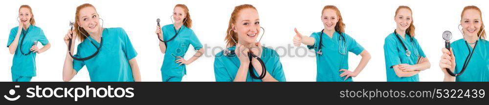 Young medical trainee with stethoscope isolated on white