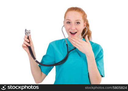 Young medical trainee with stethoscope isolated on white