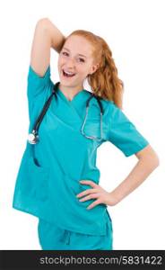 Young medical trainee with stethoscope isolated on white