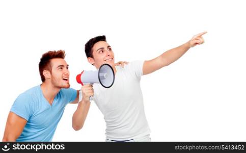 Young men and his friend screams through a megaphone isolated on a white background