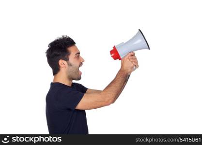 Young men in black with a Megaphone proclaiming something isolated on white background