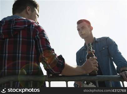 Young men in skatepark, drinking bottle of beer