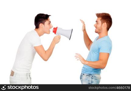 Young men screams to his friend through a megaphone isolated on a white background