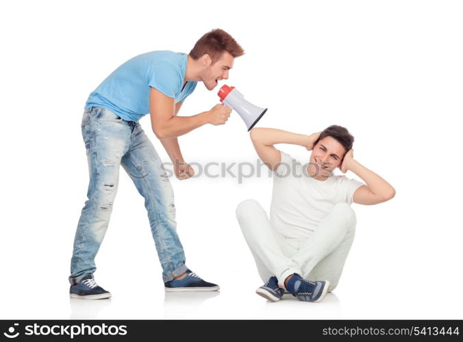 Young men screams to his friend through a megaphone isolated on a white background