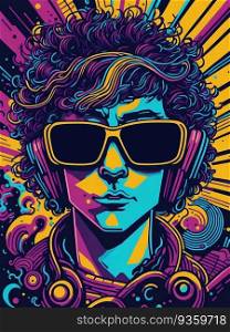 Young men with headphones trendy psychedelic conceptual design Illustration 