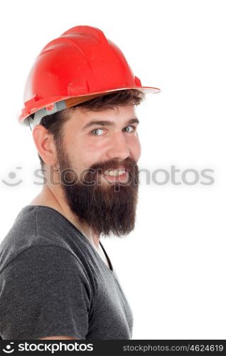 Young men with hipster look and red helmet isolated on white background