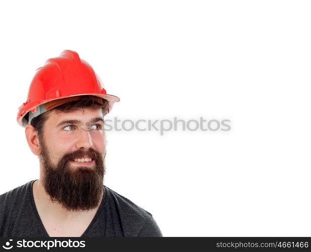Young men with hipster look and red helmet isolated on white background