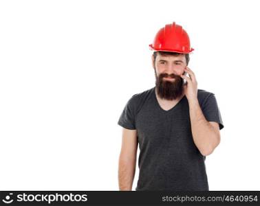 Young men with hipster look and red helmet looking the mobile isolated on white background
