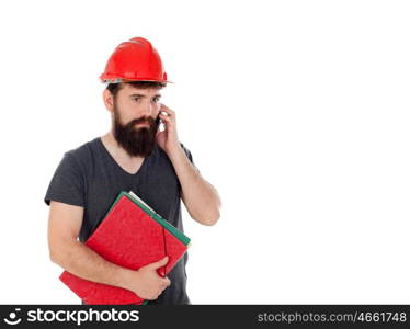 Young men with hipster look and red helmet looking the mobile isolated on white background