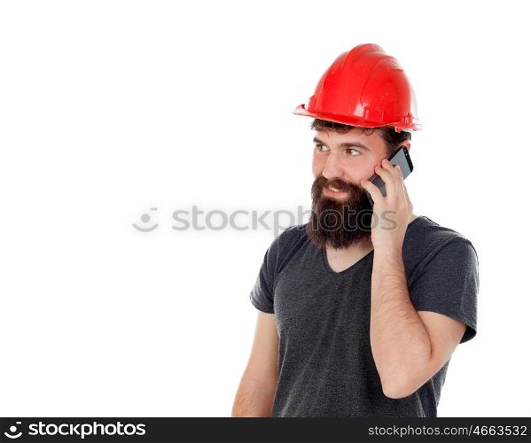 Young men with hipster look and red helmet looking the mobile isolated on white background