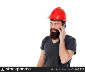 Young men with hipster look and red helmet looking the mobile isolated on white background