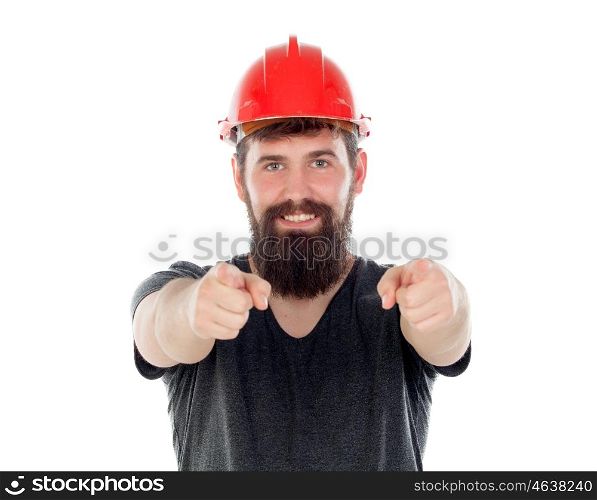 Young men with hipster look and red helmet pointing at camera isolated on white background
