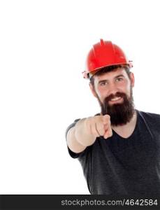 Young men with hipster look and red helmet pointing at camera isolated on white background