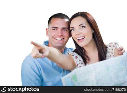 Young Military Couple Looking at Map Isolated on White.