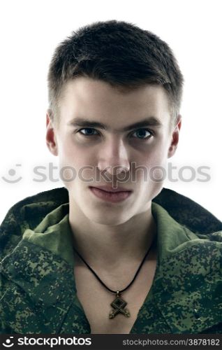 young military man, closeup portrait isolated on white
